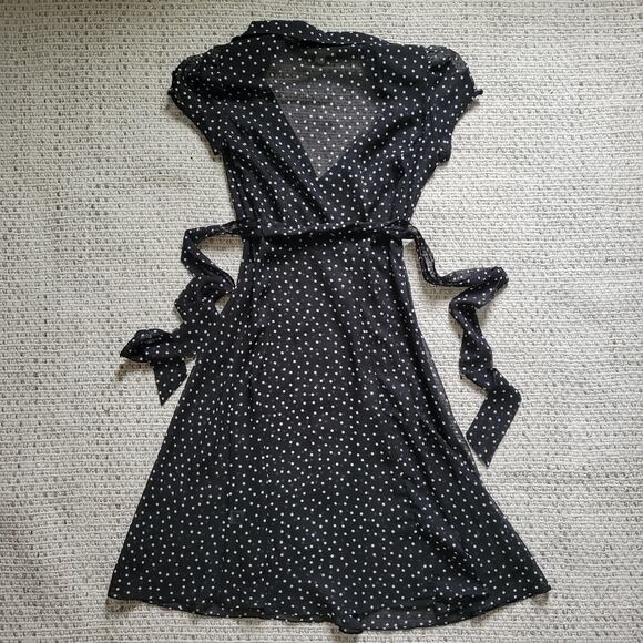 Dressbarn Womens 10 Midi Dress Black Polka Dot Sheer Collared Wrap Top Waist Tie - Picture 3 of 4